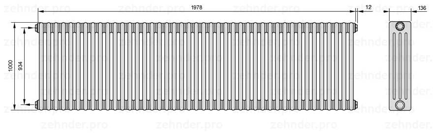 Схема (чертеж) Радиатор Zehnder Charleston 4100/43 №1270 Белый глянцевый RAL 9016
